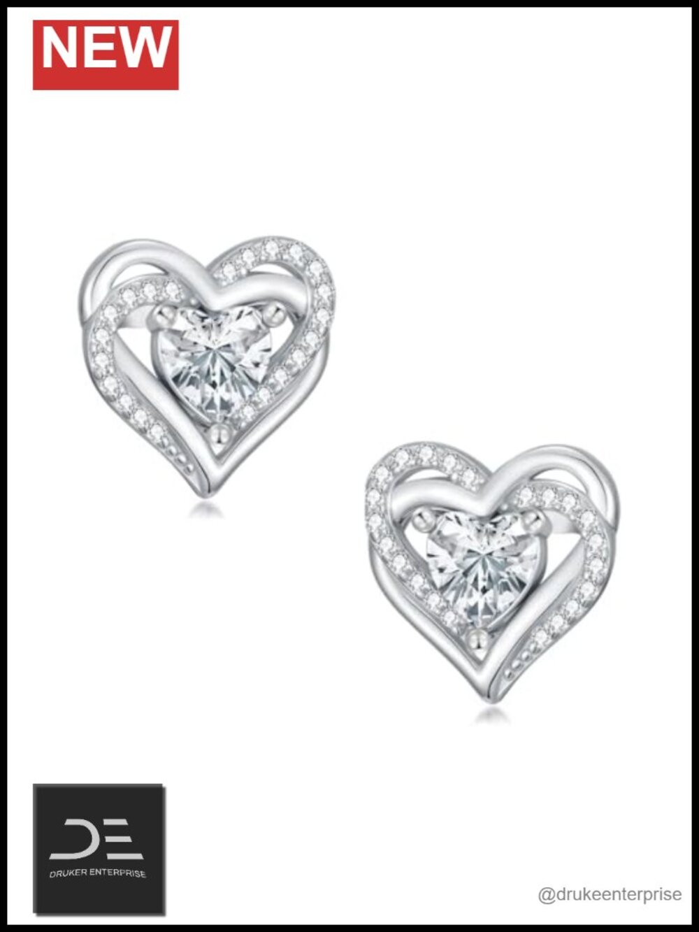 Moissanite Heart Stud Earrings 925 Sterling Silver 18k White Gold Plated D